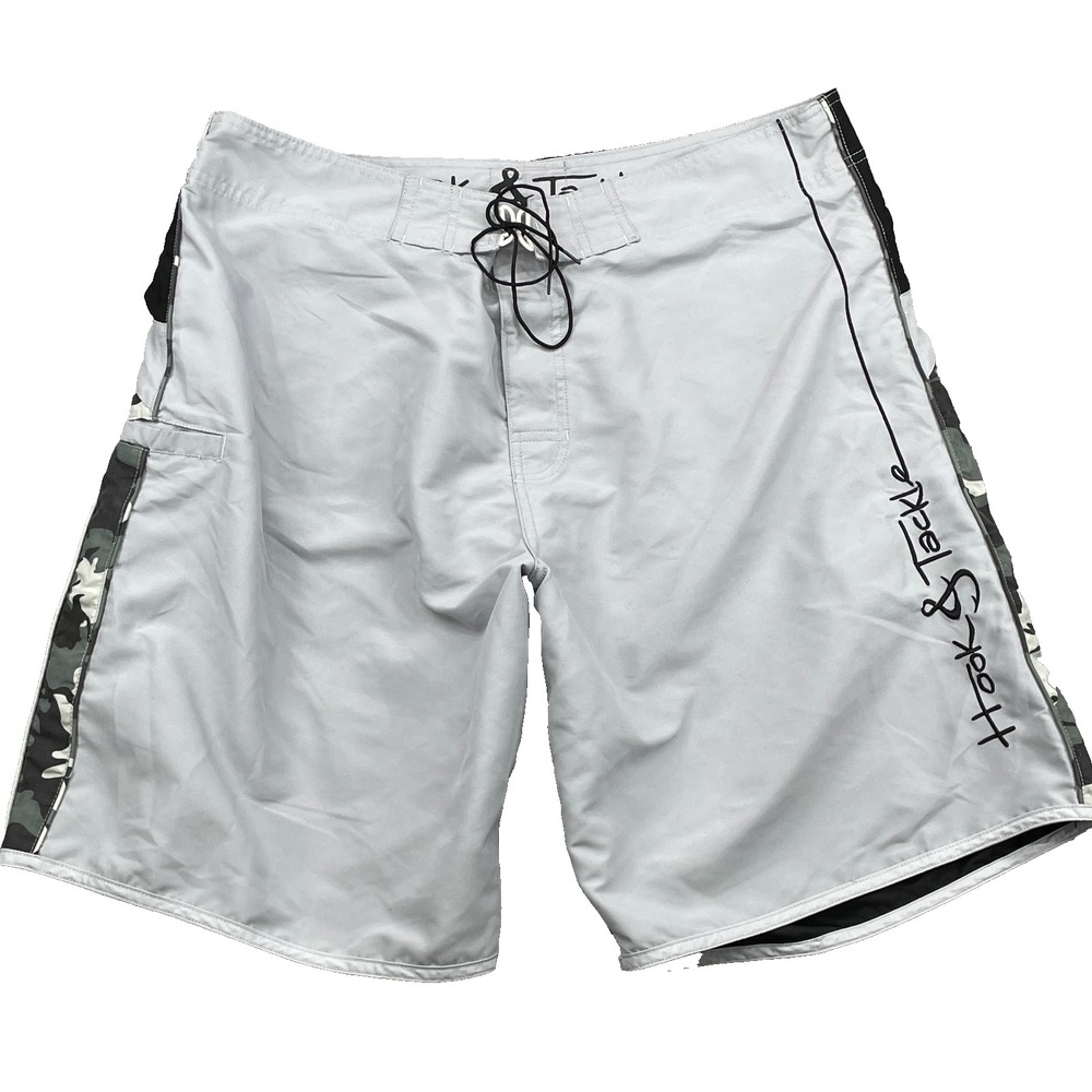 Hook & Tackle Board Shorts Men's 38 Gray Camo Performance Swim Trunks Surf Skate